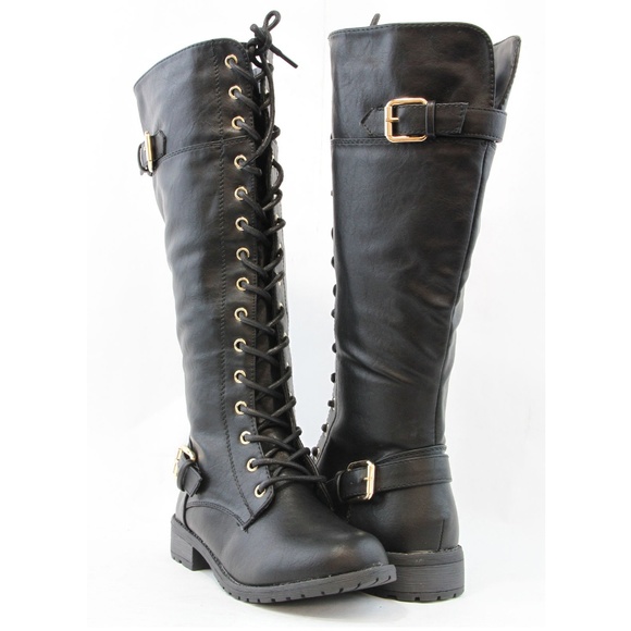 Forever Link Shoes - Women Knee High Lace Up Combat Boots Golden Buckle